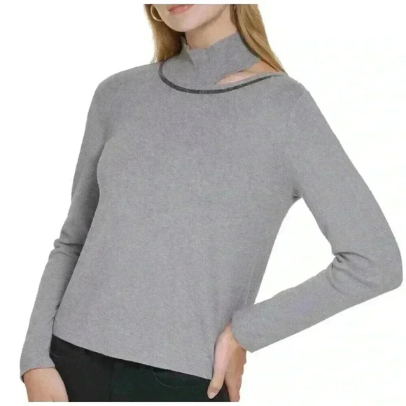 CALVIN KLEIN Grey Cutout Mockneck Sweater Size Medium. NWT - Picture 1 of 10